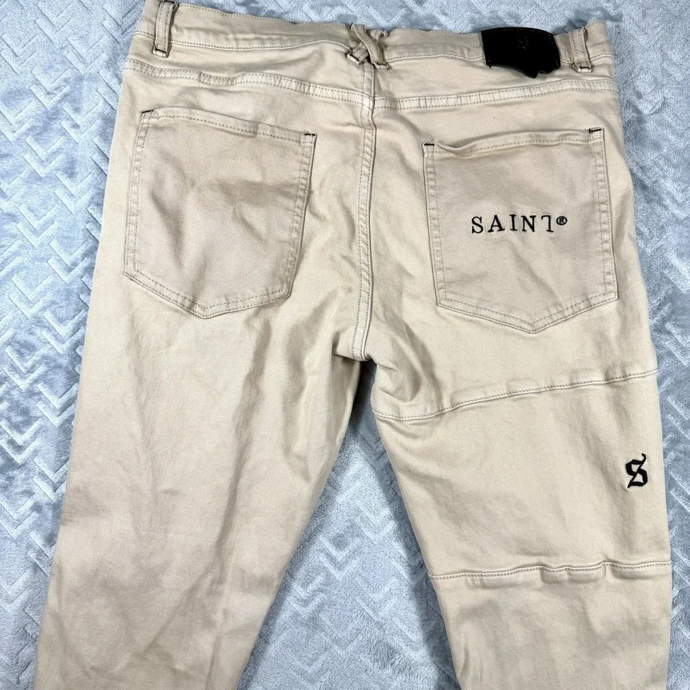 Saint Morta Men's Index Distressed Biker Jeans Sz 36x31 Moto Ripped Beige Khaki